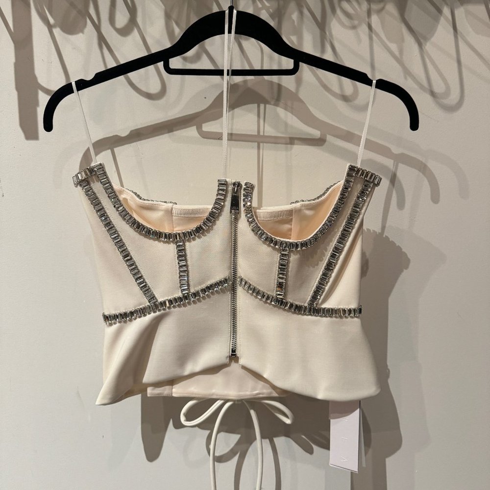 NWT - AREA Strapless crystal-embellished grain de poudre bustier top - Size 2
